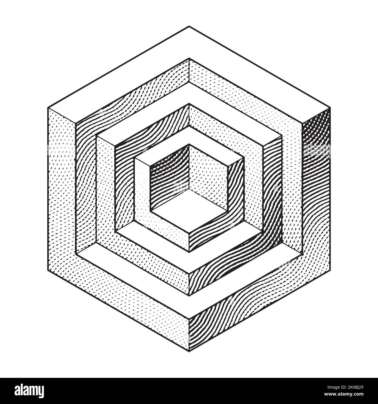 Illustration of Scratchboard Engraved Cubical Shapes isolated on a