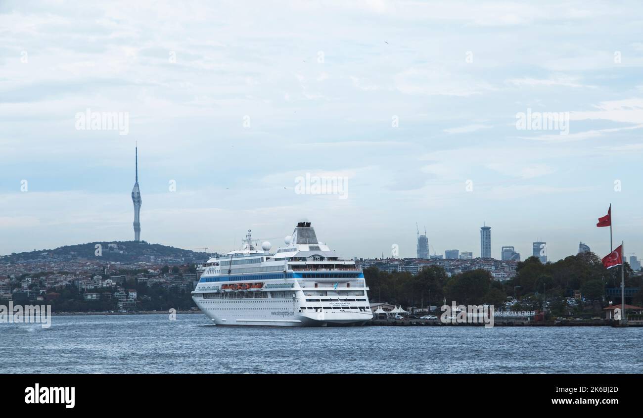 Istanbul, Turkey - 27.09.2022: The international cruise ship docked at the port in the Bosphorus. Black sea tour between Sochi, Trabzon, Sinop, Istanb Stock Photo