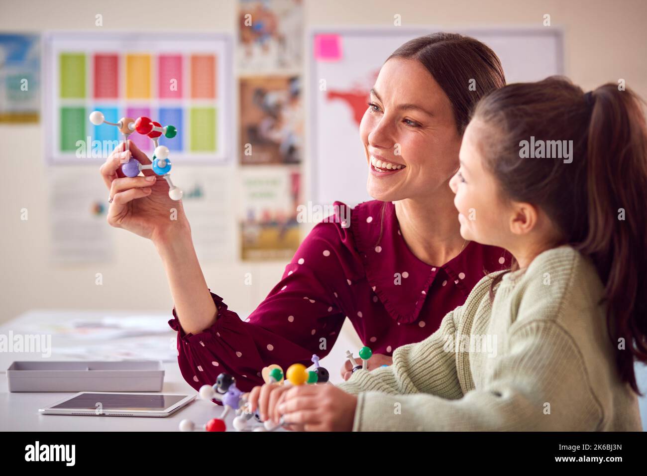 Teacher And Female Student In School Science Class Studying Molecular