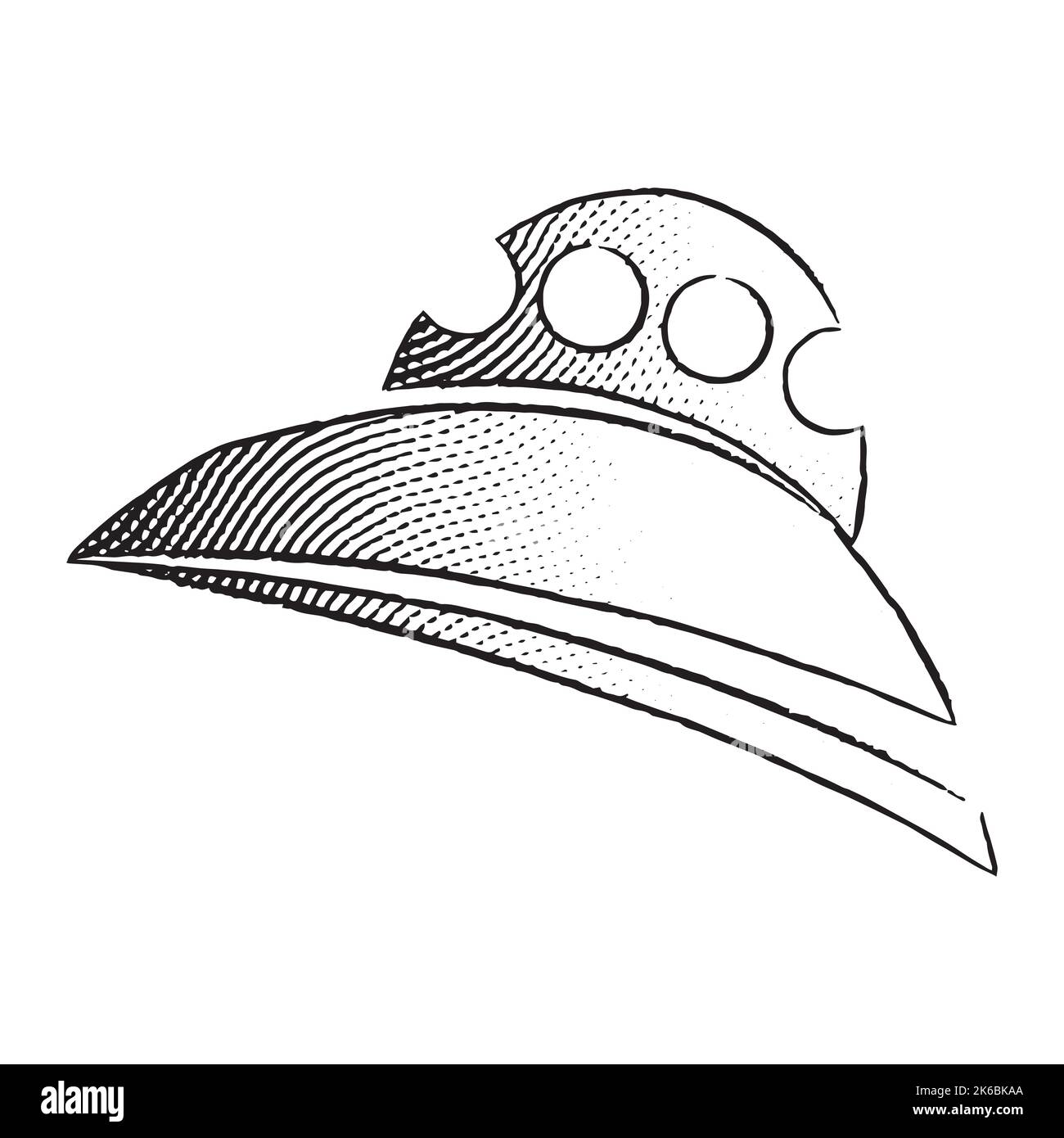 Illustration of Scratchboard Engraved Icon of Alien Ship isolated on a White Background Stock Vector