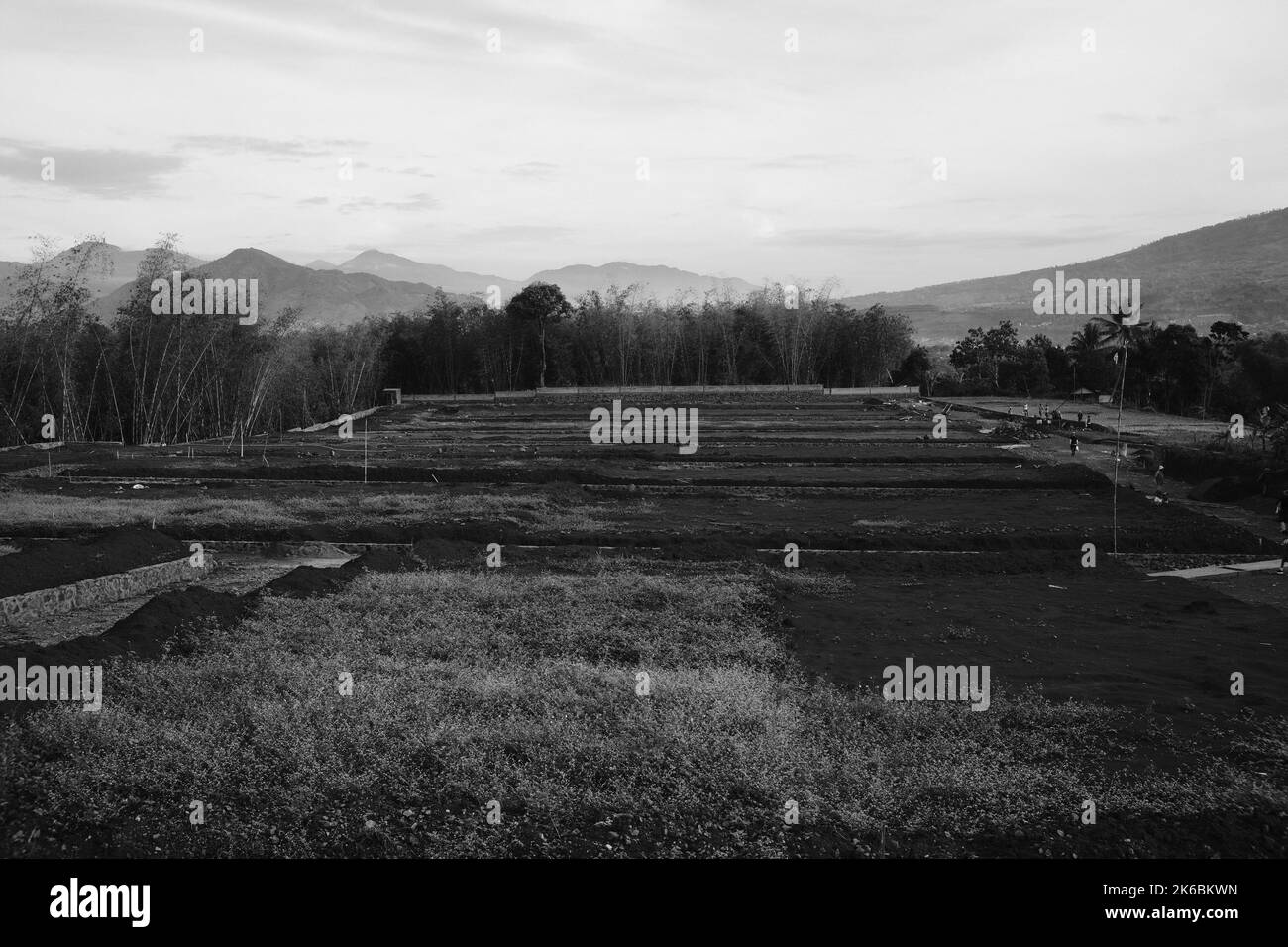 Monochrome photo, large field under construction, Cikancung Indonesia Stock Photo Alamy