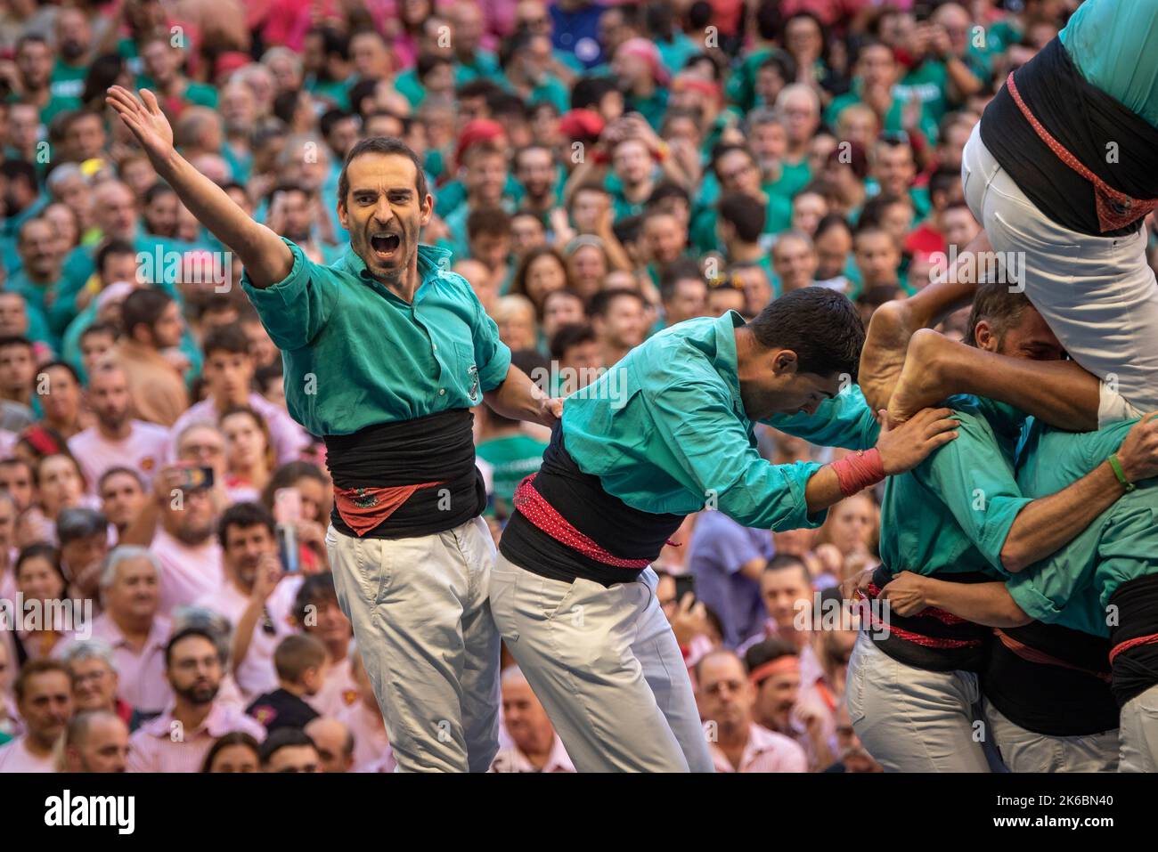 Concurs de Castells de Tarragona 2022 (Tarragona Castells contest). Sunday contest. 3 de 10 amb folre i manilles of the Castellers de Vilafranca Stock Photo