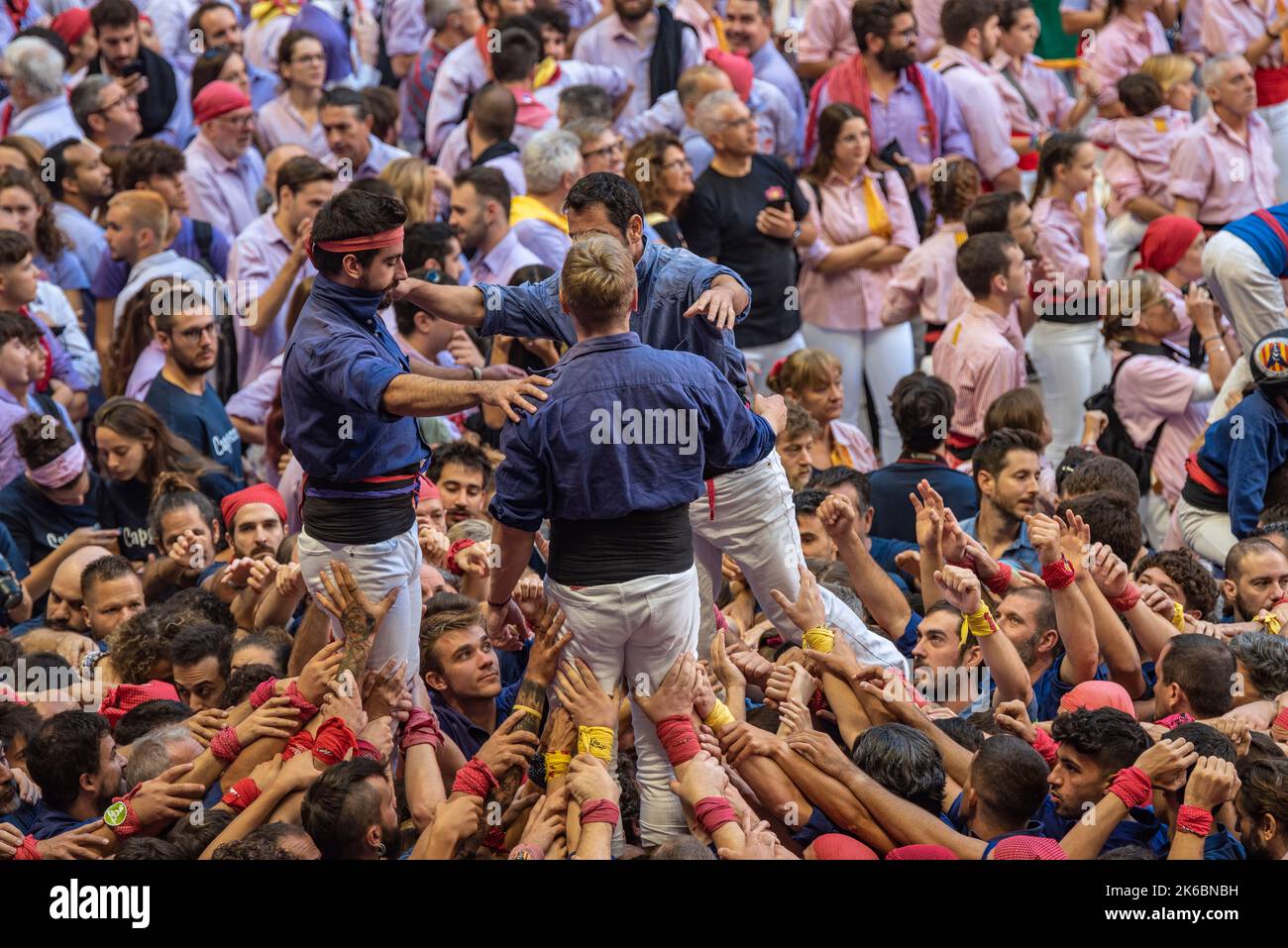 Concurs de Castells de Tarragona 2022 (Tarragona Castells contest). Sunday contest. 3 de 8 of the Capgrossos de Mataró (Tarragona, Catalonia, Spain) Stock Photo