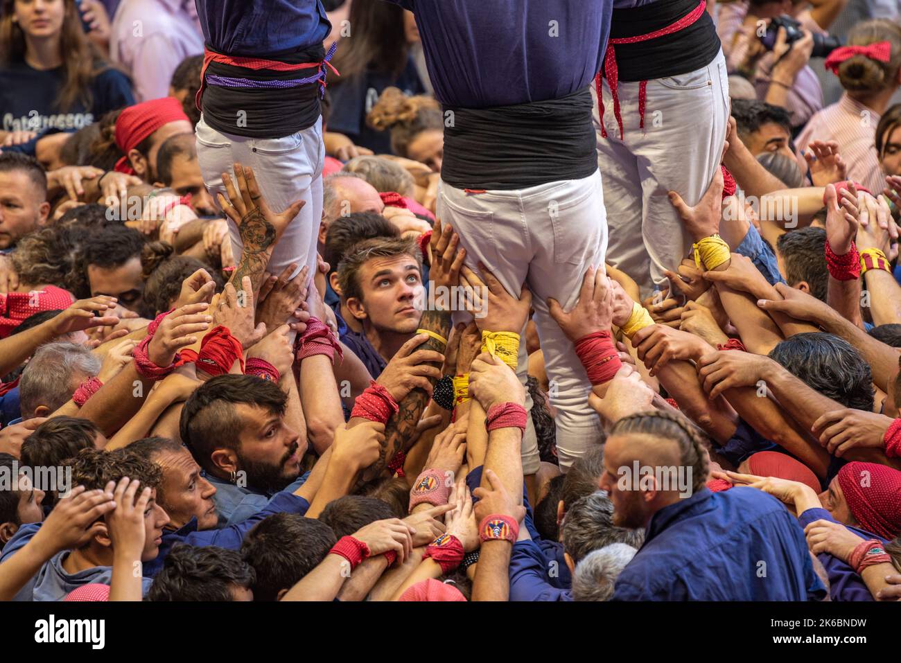 Concurs de Castells de Tarragona 2022 (Tarragona Castells contest). Sunday contest. 3 de 8 of the Capgrossos de Mataró (Tarragona, Catalonia, Spain) Stock Photo