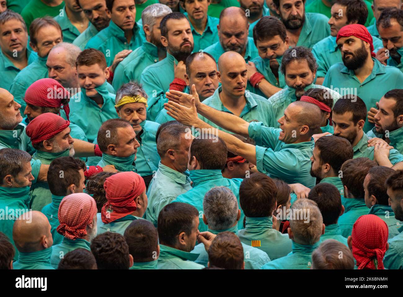 Concurs de Castells de Tarragona 2022 (Tarragona Castells contest). Sunday contest. 3 de 10 amb folre i manilles of the Castellers de Vilafranca Stock Photo