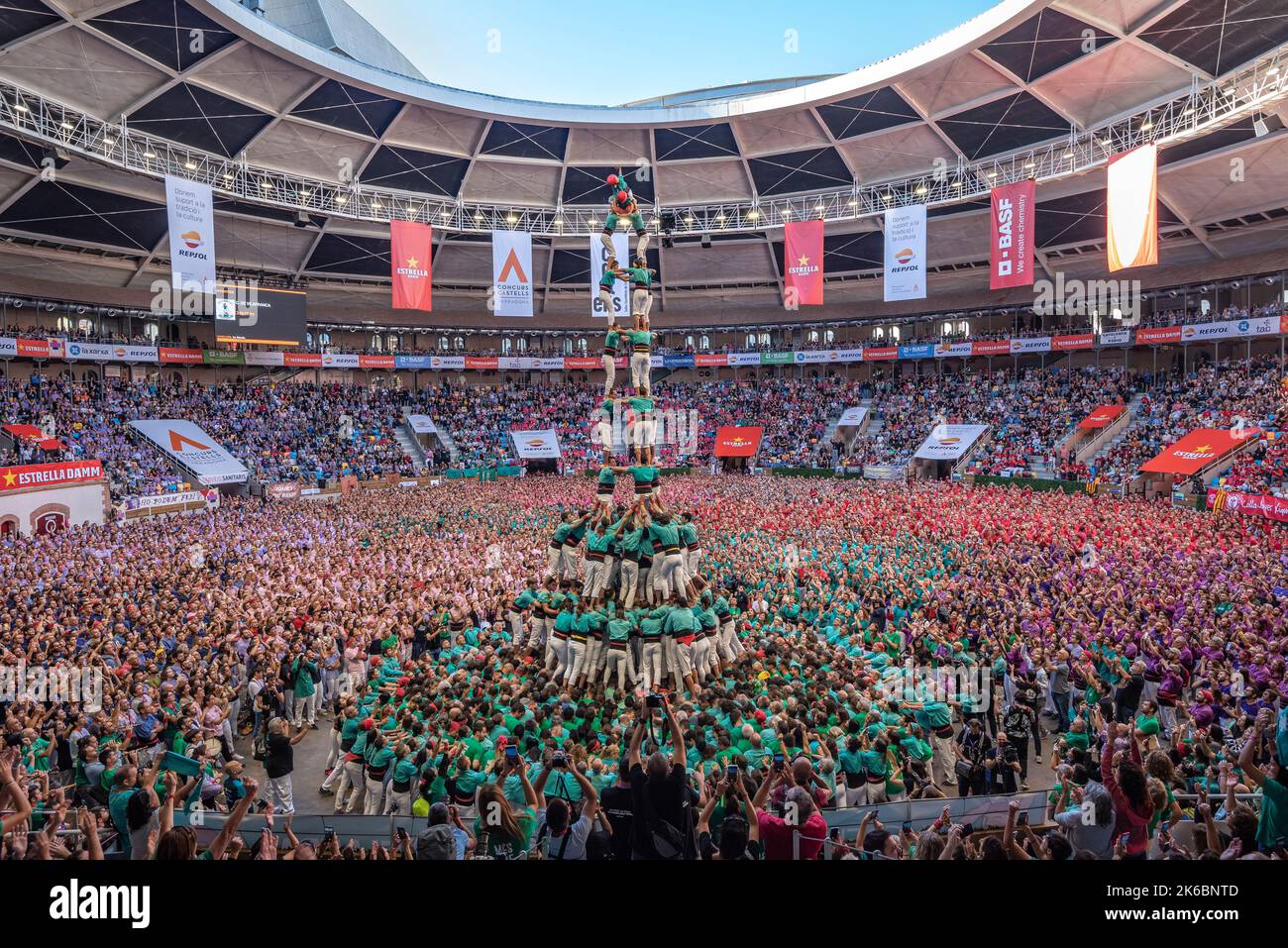 Concurs de Castells de Tarragona 2022 (Tarragona Castells contest). Sunday contest. 3 de 10 amb folre i manilles of the Castellers de Vilafranca Stock Photo