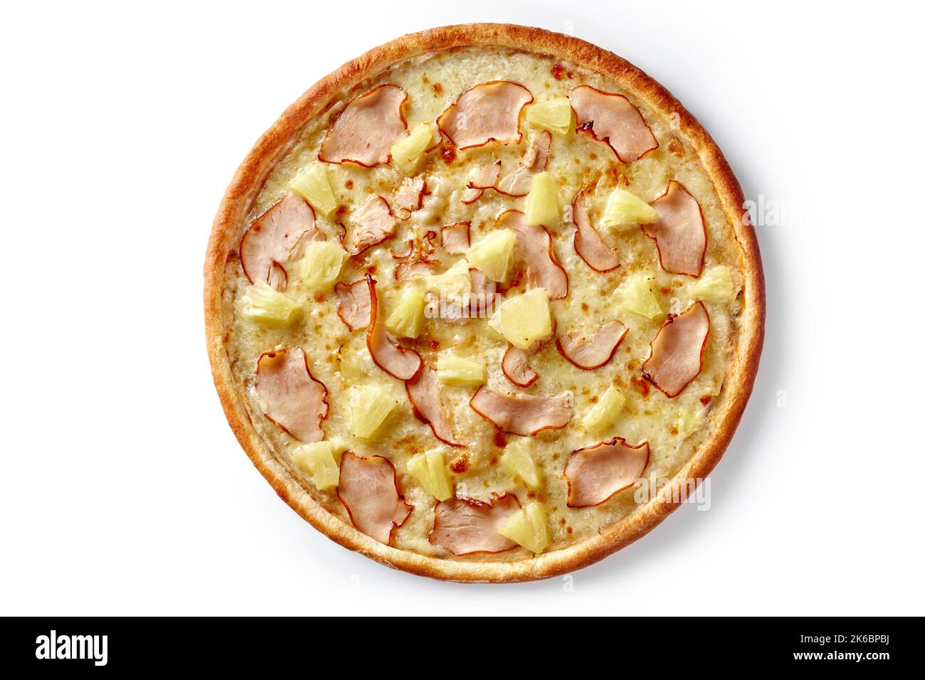 Pizza with cream cheese sauce, smoked chicken fillet and pineapple