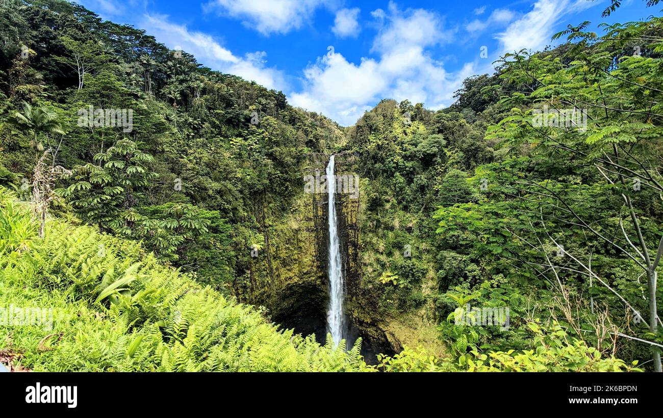 A beautiful landscape of a waterfall flowing down the rock covered in ...