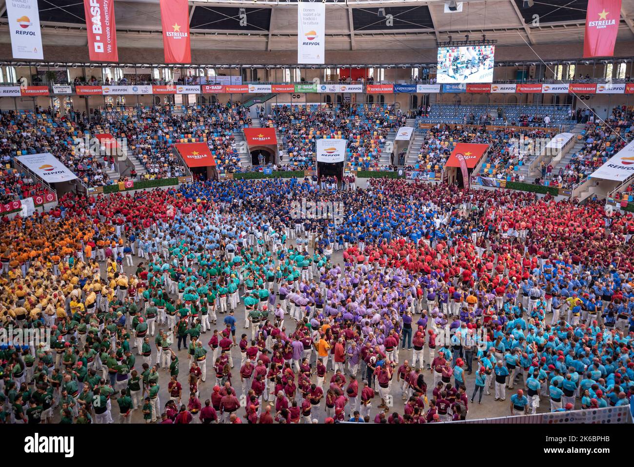 Concurs de Castells de Tarragona 2022 (Tarragona Castells -human towers- contest). Photos of the teams (colles) that participated on saturday Stock Photo