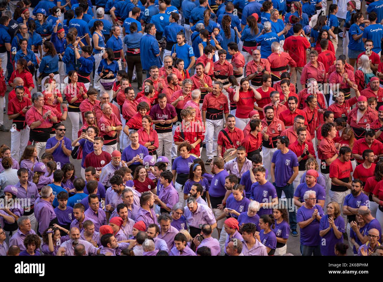 Concurs de Castells de Tarragona 2022 (Tarragona Castells -human towers- contest). Photos of the teams (colles) that participated on saturday Stock Photo