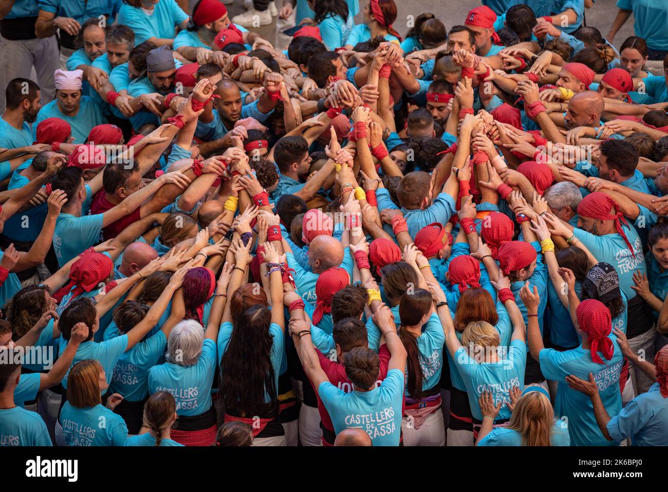 Concurs de Castells de Tarragona 2022 (Tarragona Castells -human towers- contest). Photos of the teams (colles) that participated on saturday Stock Photo