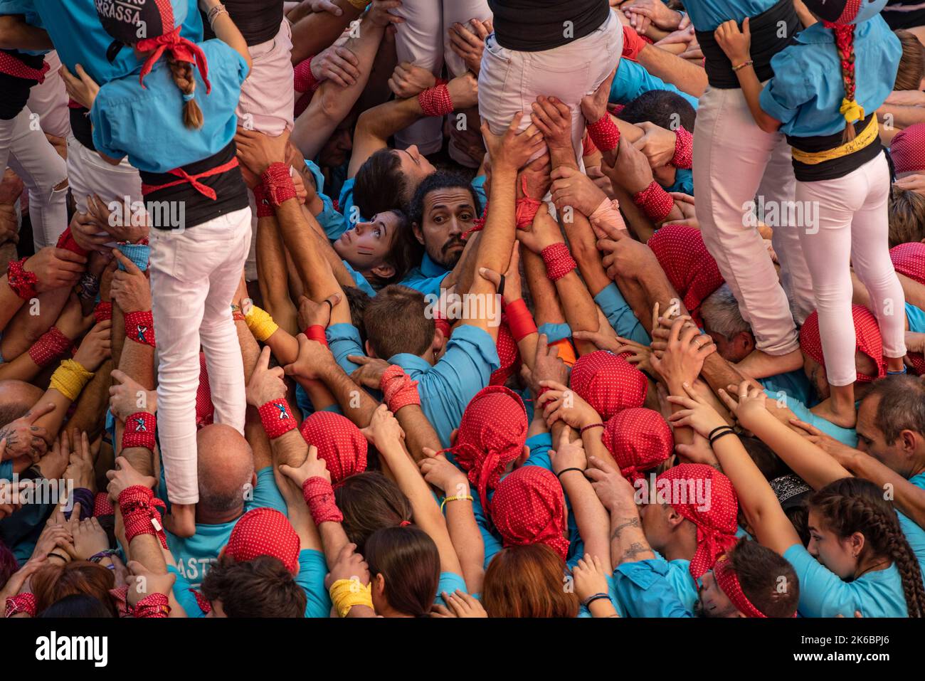 Concurs de Castells de Tarragona 2022 (Tarragona Castells -human towers- contest). Photos of the teams (colles) that participated on saturday Stock Photo