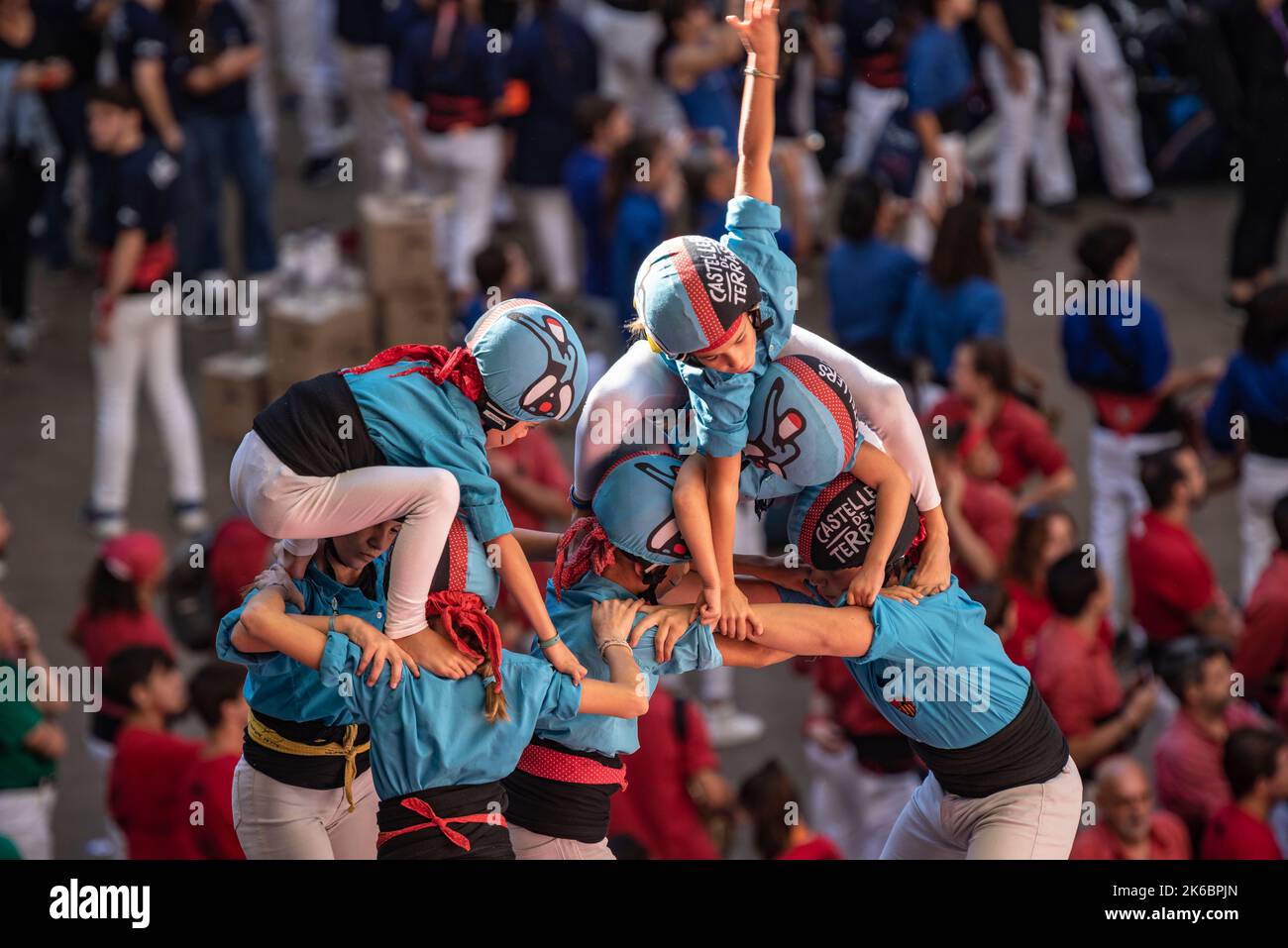 Concurs de Castells de Tarragona 2022 (Tarragona Castells -human towers- contest). Photos of the teams (colles) that participated on saturday Stock Photo