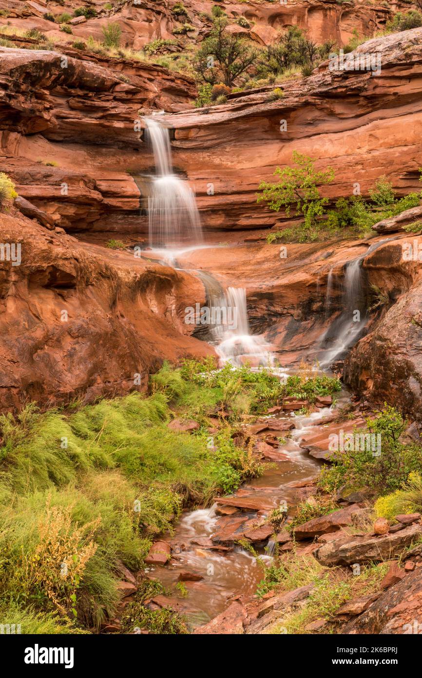 An ephermal or temporary waterfall on a  sandstone pourover near Moab, Utah.  A slow shutter speed gives a silky look.  These waterfalls only occur af Stock Photo