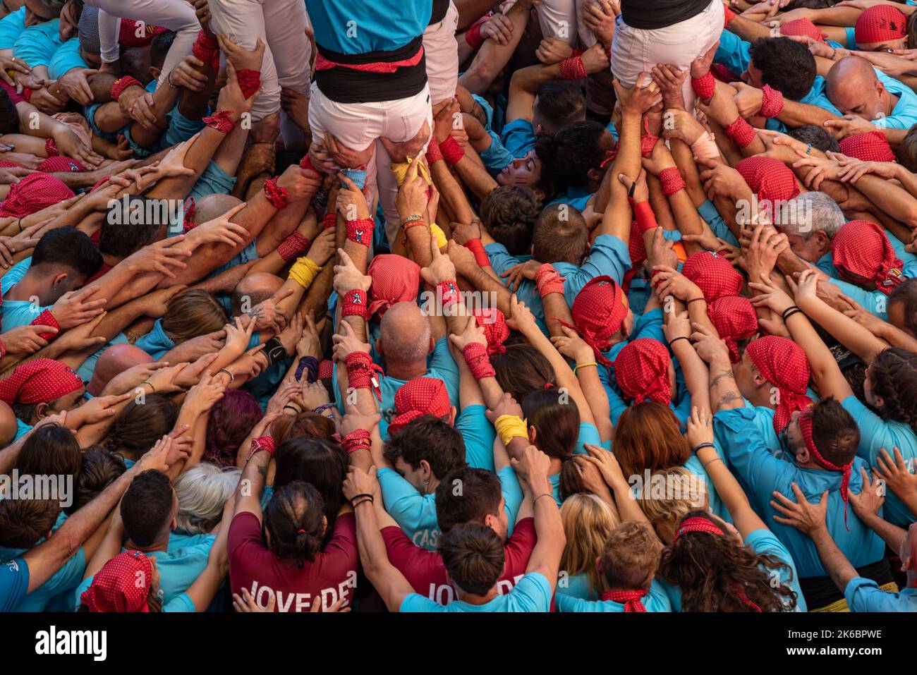Concurs de Castells de Tarragona 2022 (Tarragona Castells -human towers- contest). Photos of the teams (colles) that participated on saturday Stock Photo