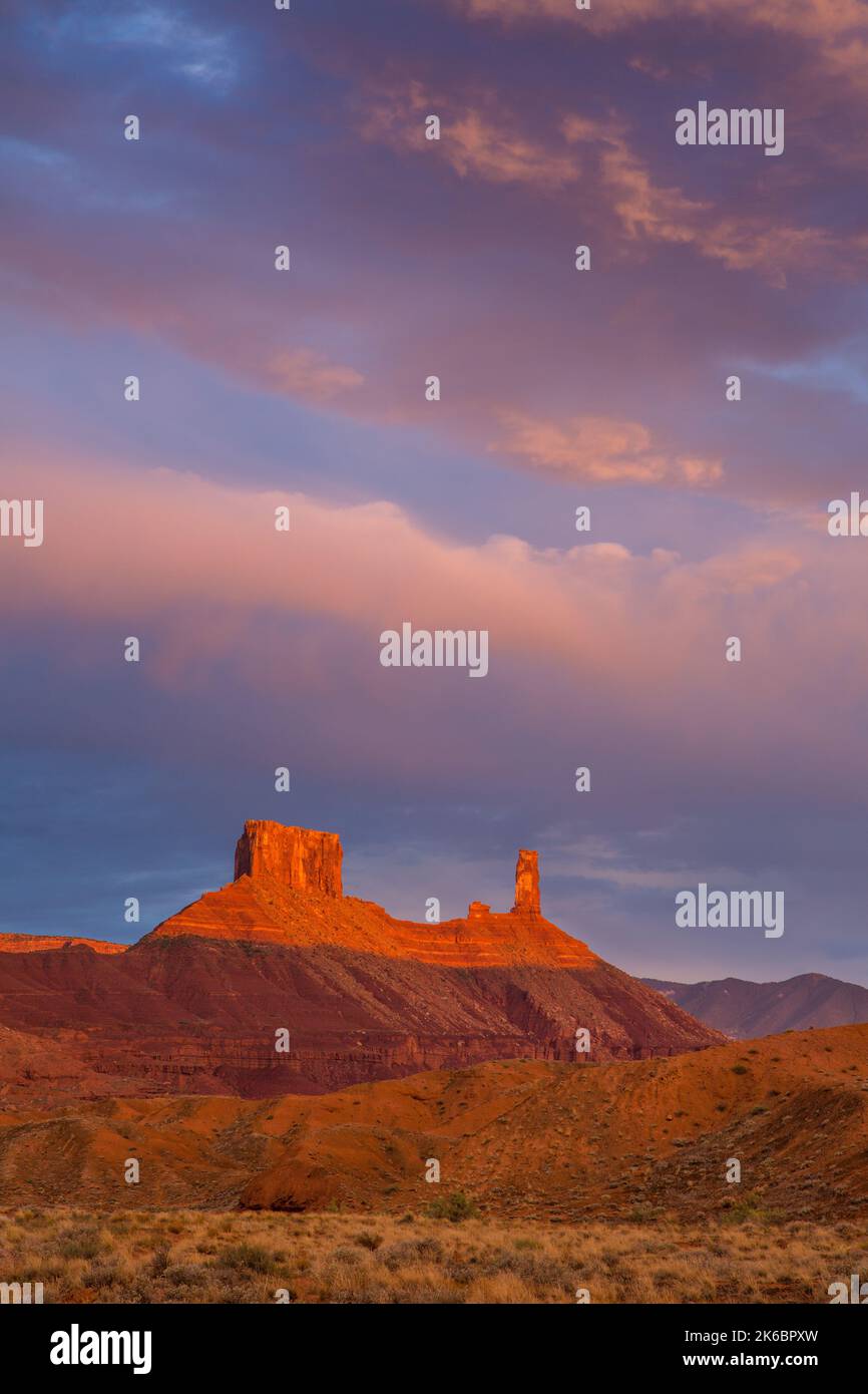 Sunset light on the Rectory and Castleton Tower / Castle Rock, at Ida Gulch, near Moab, Utah. Stock Photo