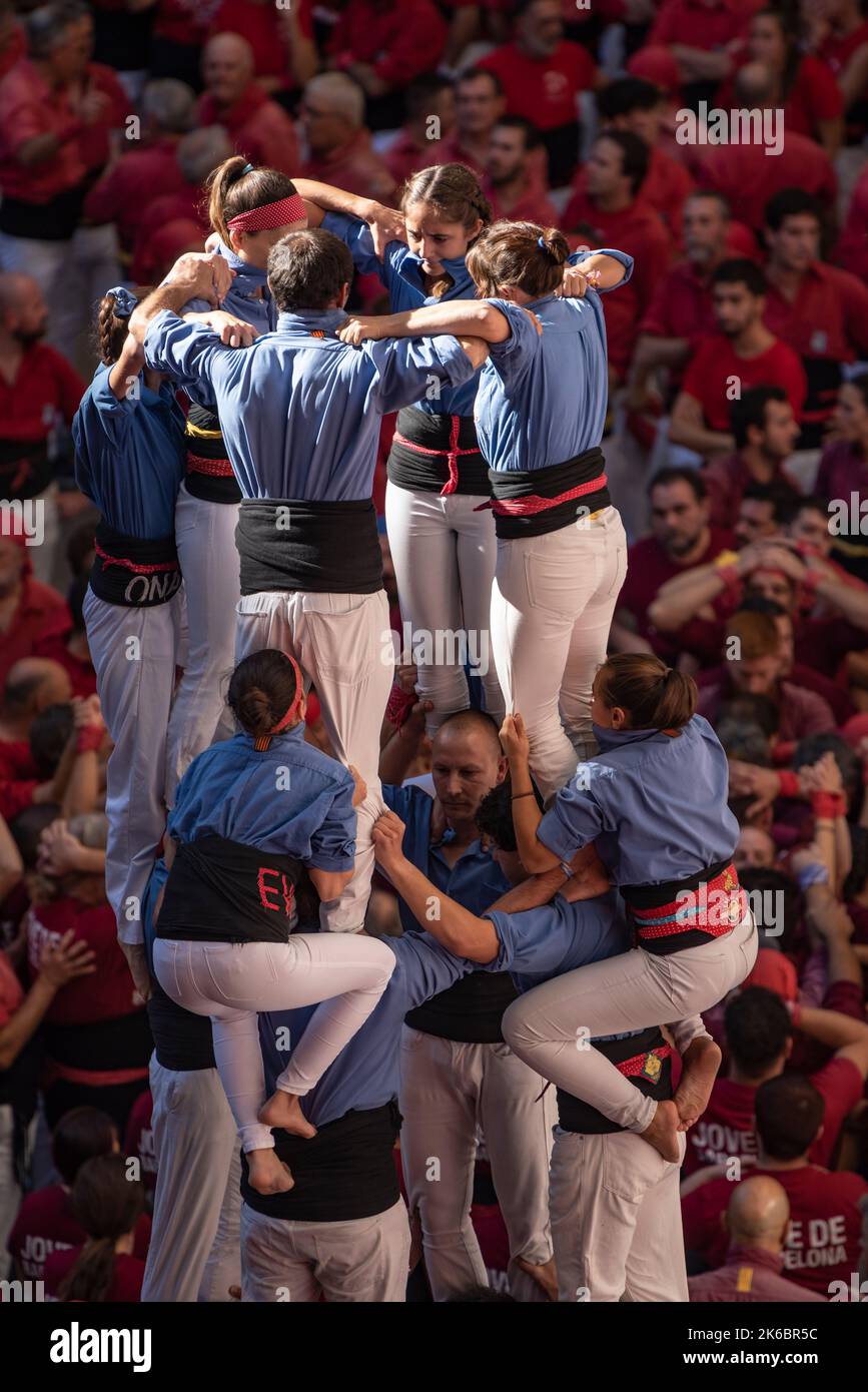 Concurs de Castells de Tarragona 2022 (Tarragona Castells -human towers- contest). Photos of the teams (colles) that participated on saturday Stock Photo