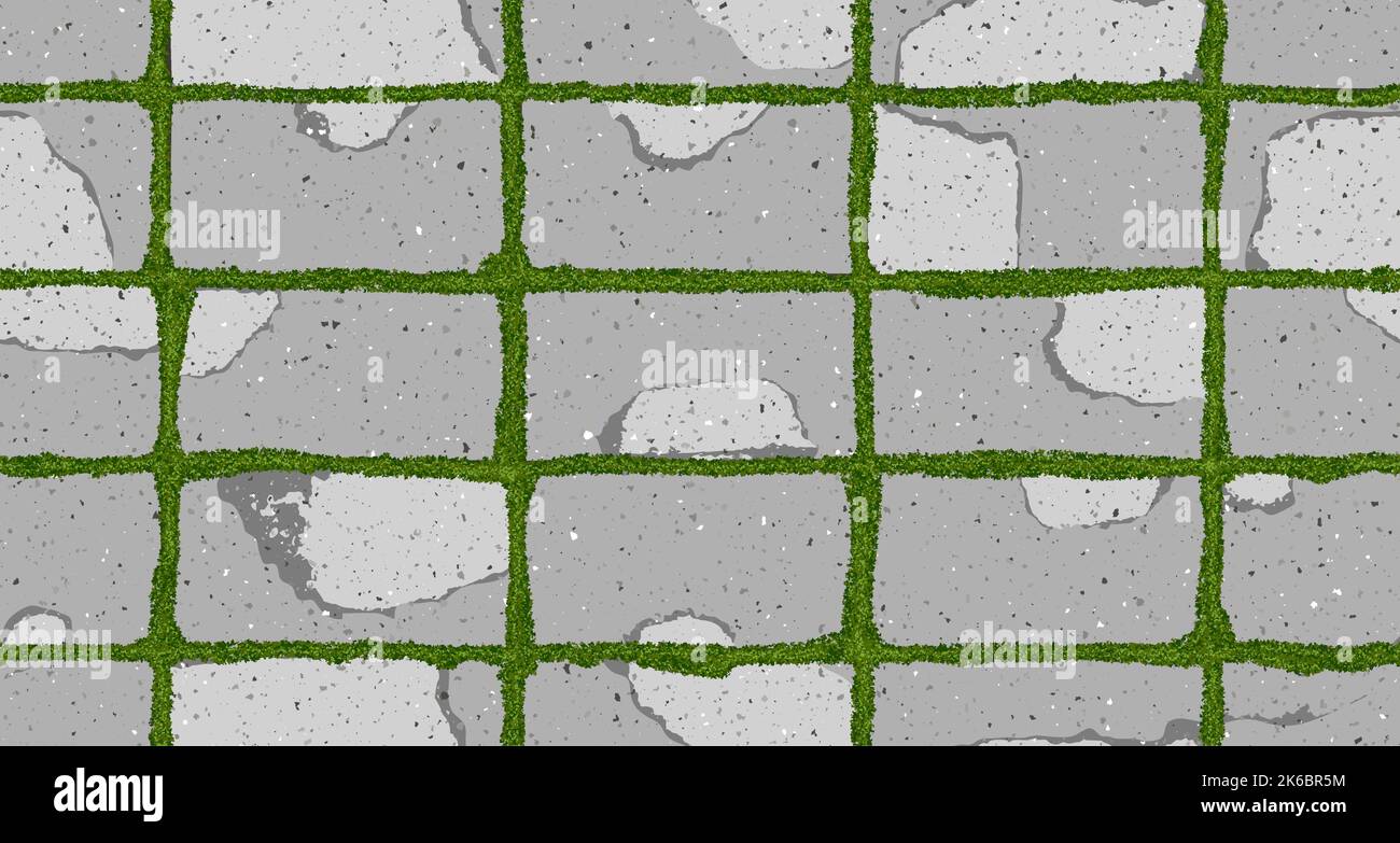 Seamless texture of old pavement with moss and concrete cracked old bricks Stock Vector