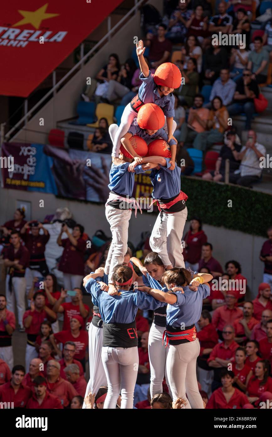Concurs de Castells de Tarragona 2022 (Tarragona Castells -human towers- contest). Photos of the teams (colles) that participated on saturday Stock Photo