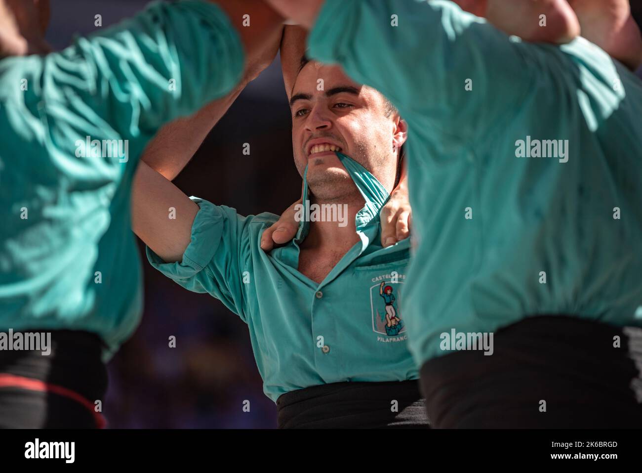 Concurs de Castells de Tarragona 2022 (Tarragona Castells contest) Sunday contest. 4 de 9 sense folre of the Castellers de Vilafranca. Tarragona Spain Stock Photo
