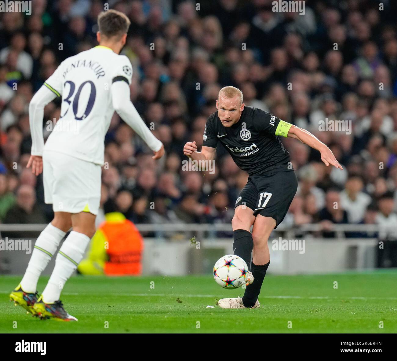 White Hart Lane, UK. 12th Sep, 2022. Sebastian Rode (17) of Eintracht Frankfurt (right) during the UEFA Champions League match between Tottenham Hotspur and Eintracht Frankfurt at Tottenham Hotspur Stadium, White Hart Lane, England on 12 October 2022. Photo by David Horn. Credit: PRiME Media Images/Alamy Live News Stock Photo