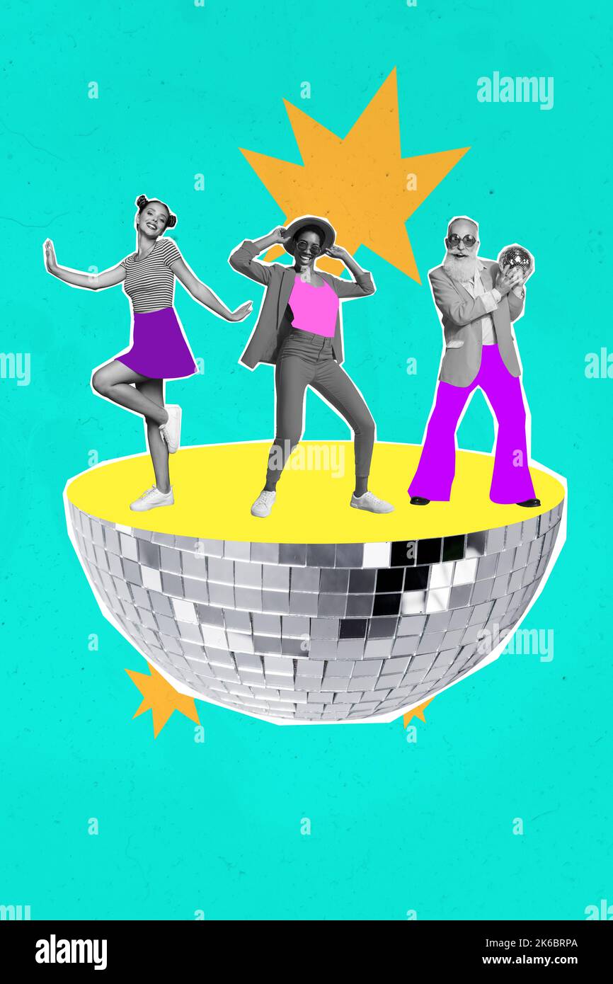 Creative photo 3d collage poster artwork of many people like dancing nice company enjoy free time isolated on painting background Stock Photo