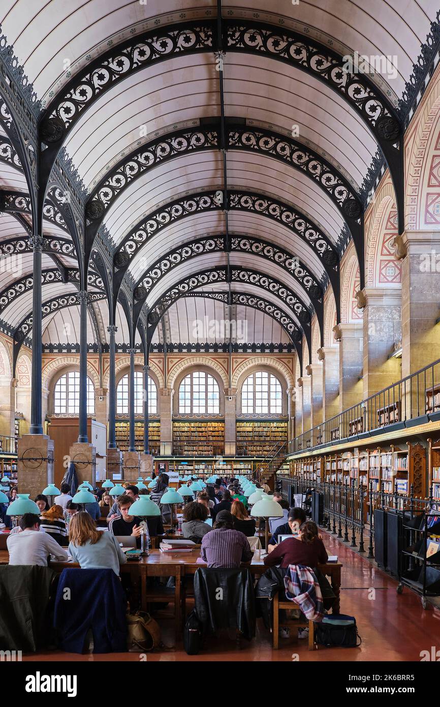 Reading room of the Library of Sainte Genevieve in Paris, interuniversity and public library in the heart of the Latin Quarter. Architect Henri Labrou Stock Photo