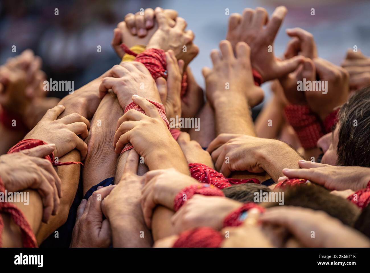 Concurs de Castells de Tarragona 2022 (Tarragona Castells -human towers- contest). Photos of the teams (colles) that participated on saturday Stock Photo