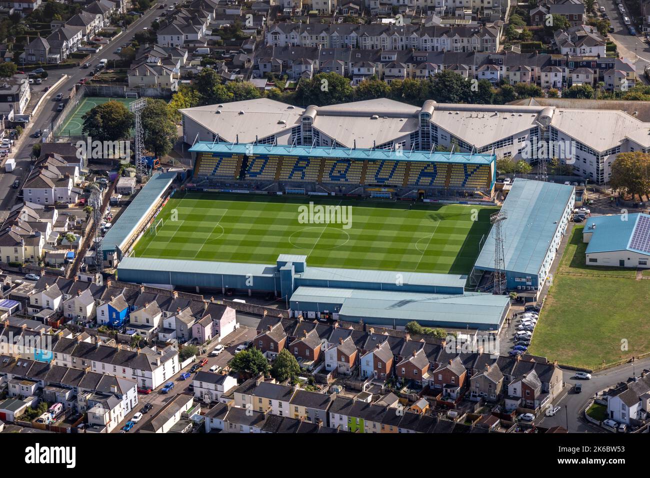 Aerial photograph of Plainmoor, Torquay United Football Ground. Located to the north of Torquay, bordered by Westlands Lane and Marnham Road. Stock Photo