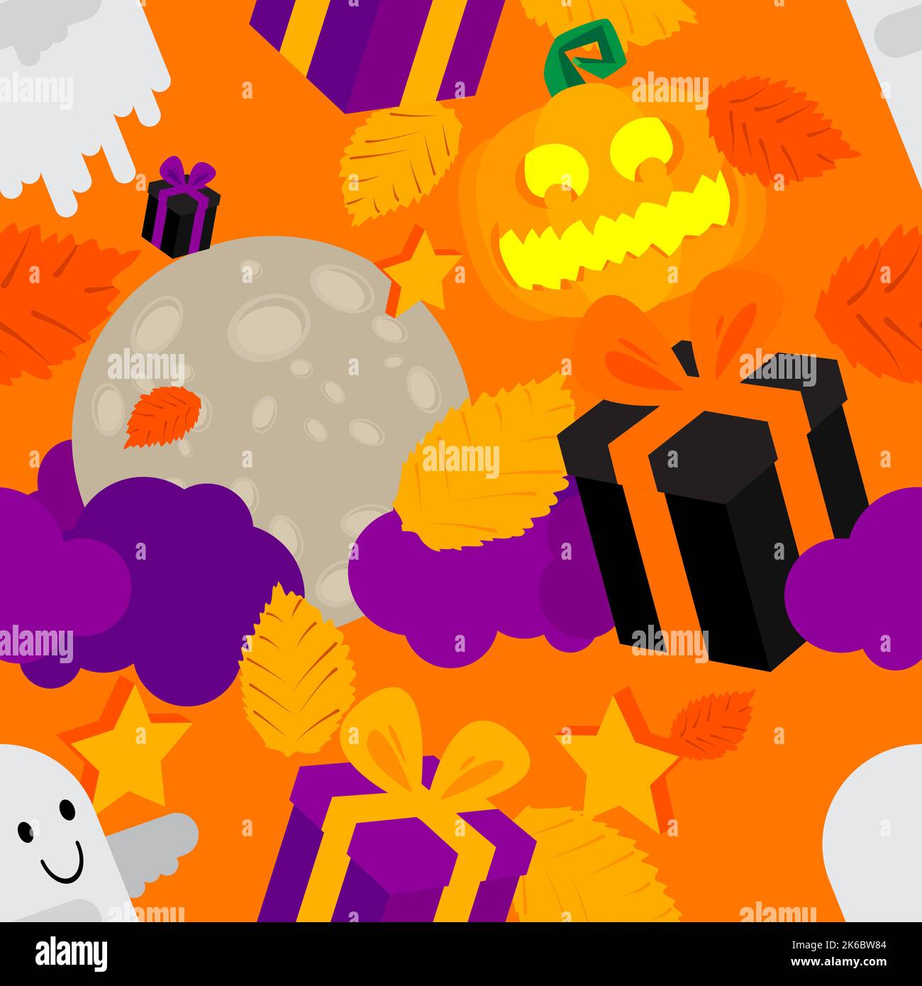 Seamless Halloween pattern with Ghost, Pumpkin, Gift box, leaves and Moon with clouds. Vector background, wrapping paper, invitations, greeting cards. Stock Vector