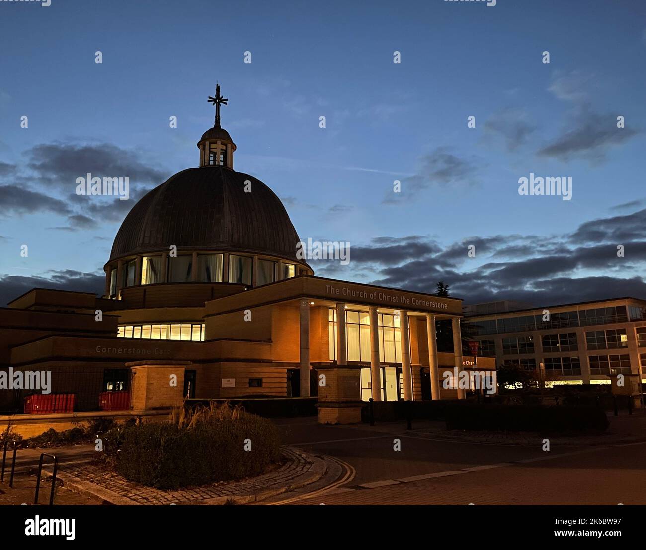The Church of Christ the Cornerstone in Central Milton Keynes at night. Stock Photo