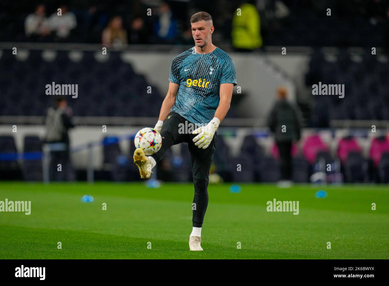White Hart Lane, UK. 12th Sep, 2022. Goalkeeper Fraser Forster of Tottenham Hotspur warms up ahead of the UEFA Champions League match between Tottenham Hotspur and Eintracht Frankfurt at Tottenham Hotspur Stadium, White Hart Lane, England on 12 October 2022. Photo by David Horn. Credit: PRiME Media Images/Alamy Live News Stock Photo