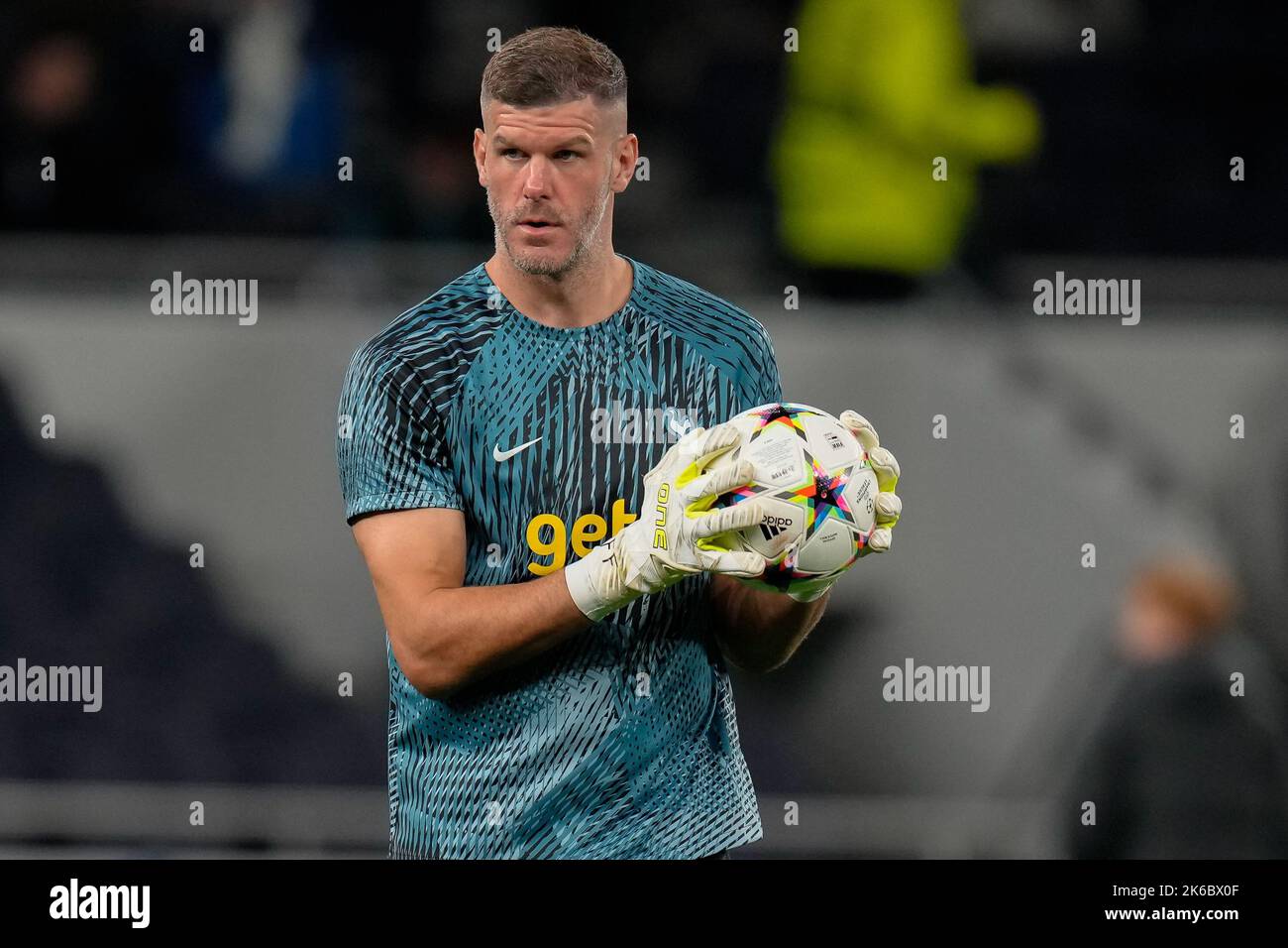 White Hart Lane, UK. 12th Sep, 2022. Goalkeeper Fraser Forster of Tottenham Hotspur warms up ahead of the UEFA Champions League match between Tottenham Hotspur and Eintracht Frankfurt at Tottenham Hotspur Stadium, White Hart Lane, England on 12 October 2022. Photo by David Horn. Credit: PRiME Media Images/Alamy Live News Stock Photo