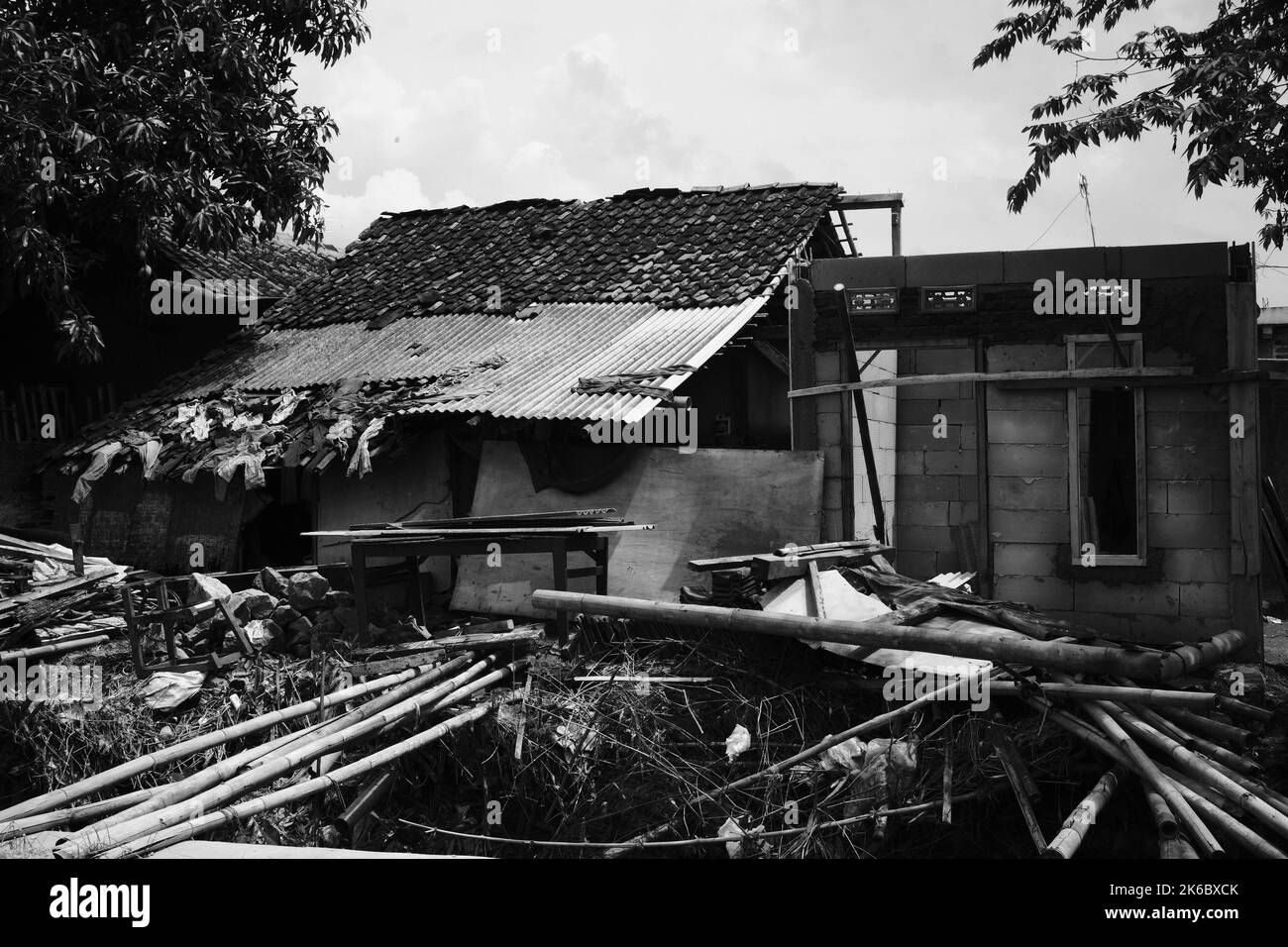 Monochrome photo, house destroyed by a tornado, Cikancung - Indonesia Stock Photo
