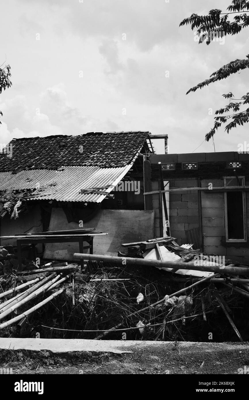 Monochrome photo, house destroyed by a tornado, Cikancung - Indonesia Stock Photo