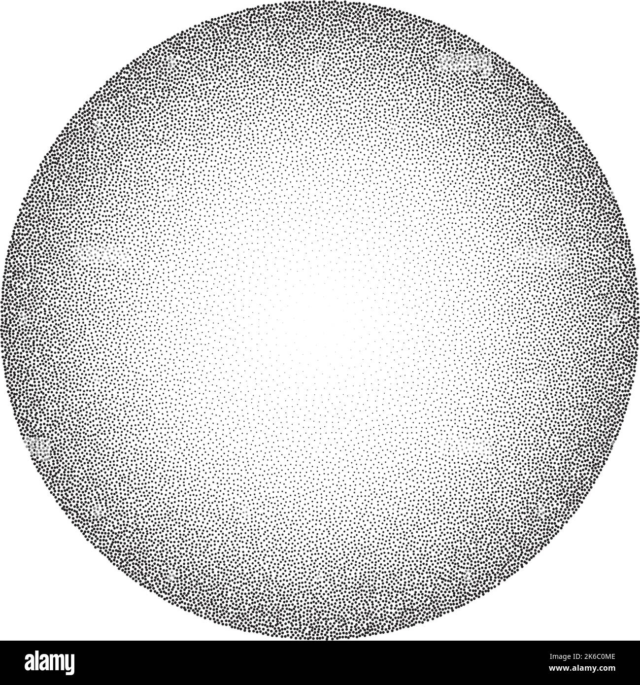 Grain circle gradient. Stippled round shape. Radial stochastic dotwork texture. Random grunge noise background. Black dots sphere. Halftone vector  Stock Vector