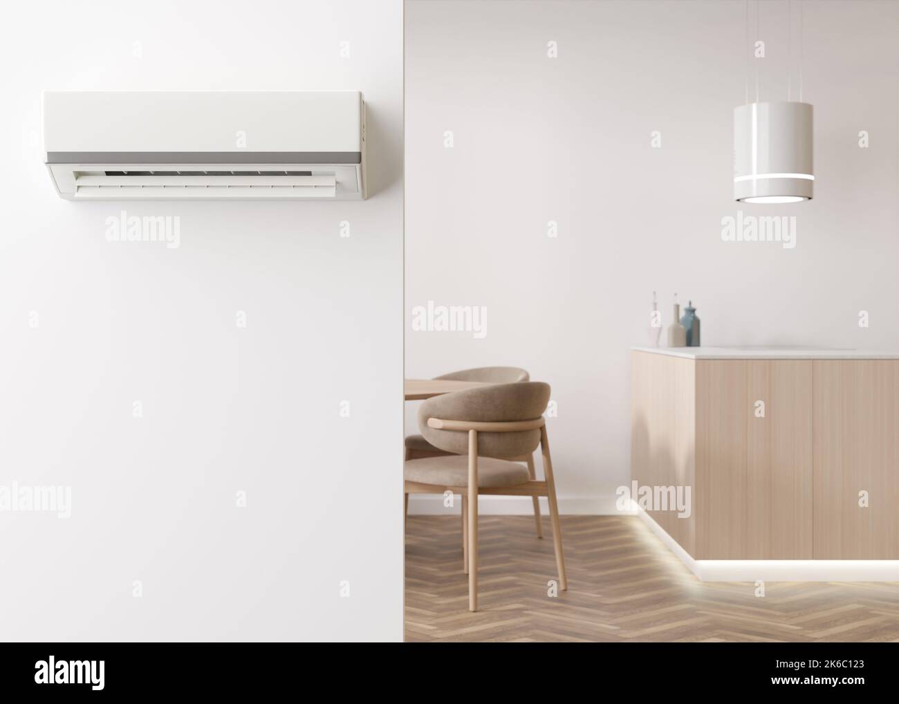 Modern air conditioner hanging on the wall in room. Cooling product for