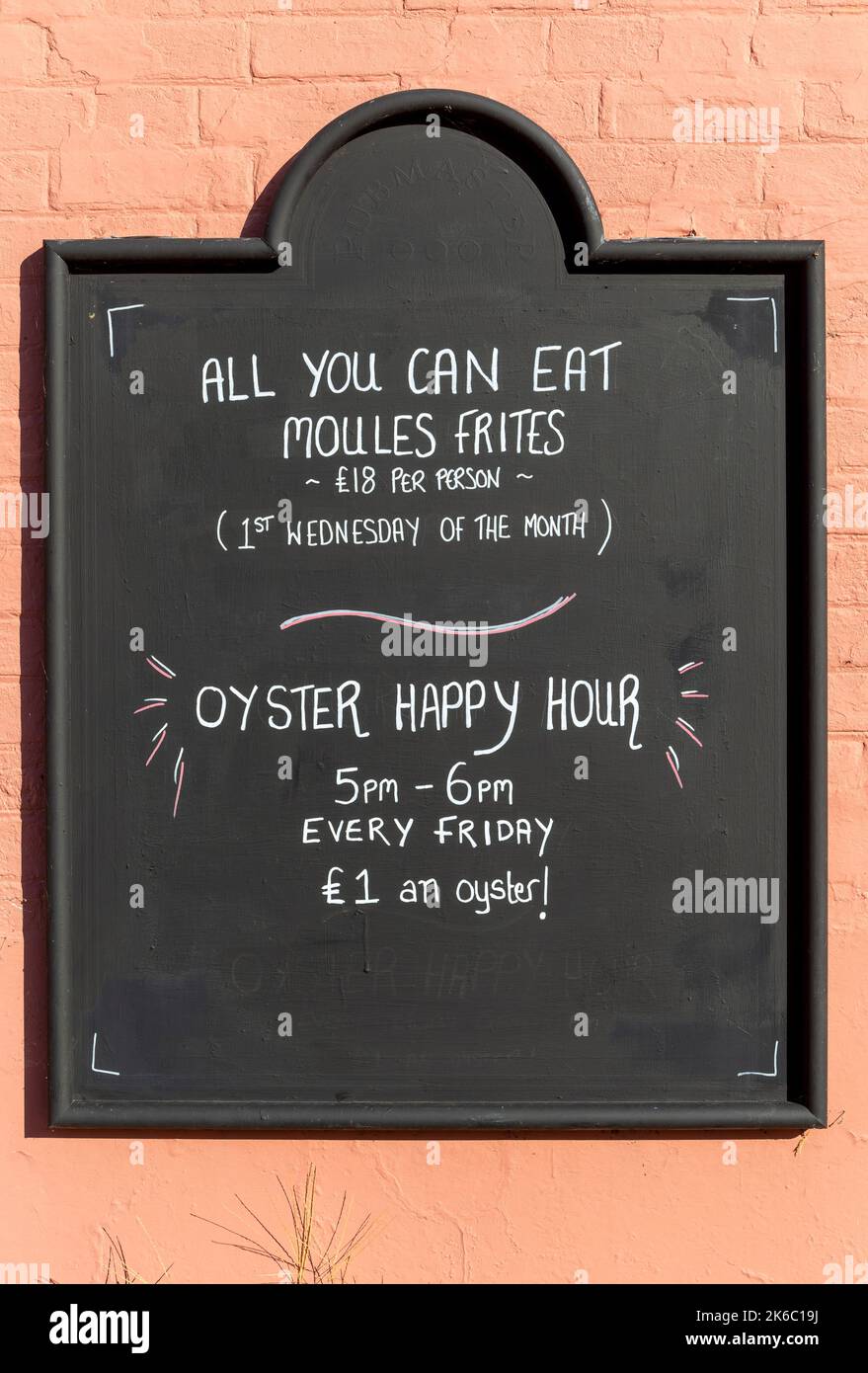 All You Can Eat Moules Frites, Oyster Happy Hour, pub blackboard food