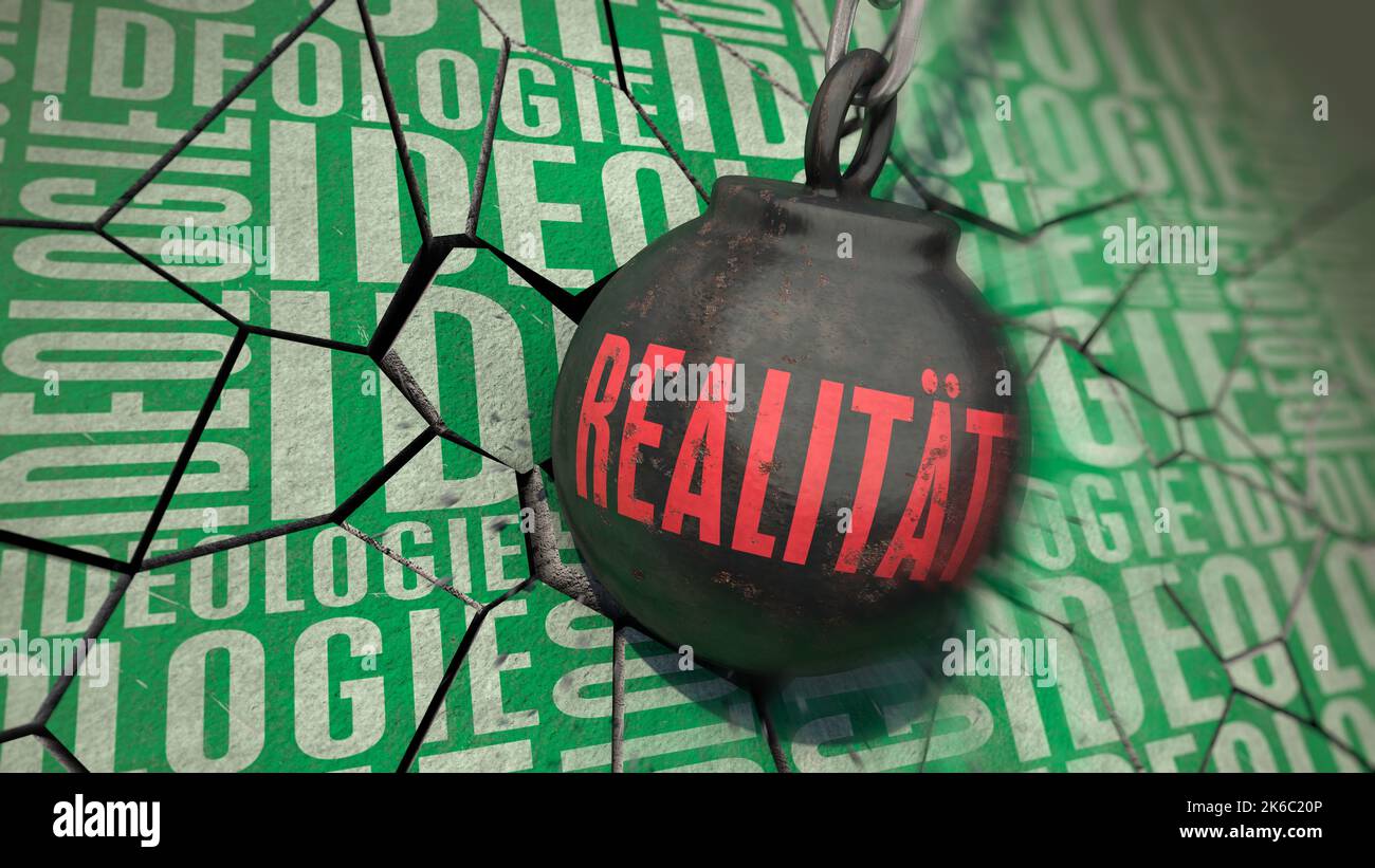 Reality meets green ideology (German words 'REALITAET and 'IDEOLOGIE') Stock Photo