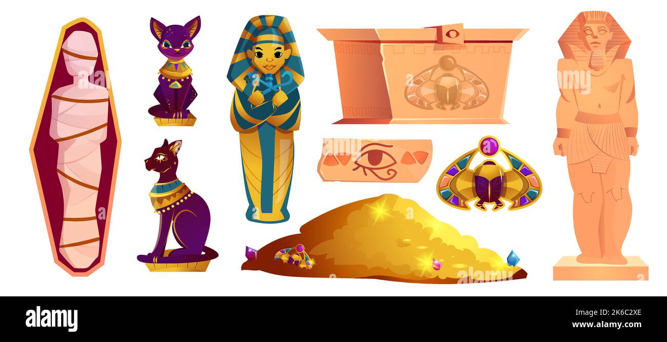 Ancient egyptian cartoon set of golden scarab beetle, bastet sculpture, sarcophagus of pharaoh, mummy, chest with treasure and gold pile. Egypt tomb, stone with hieroglyphs and statues of ancient gods Stock Vector