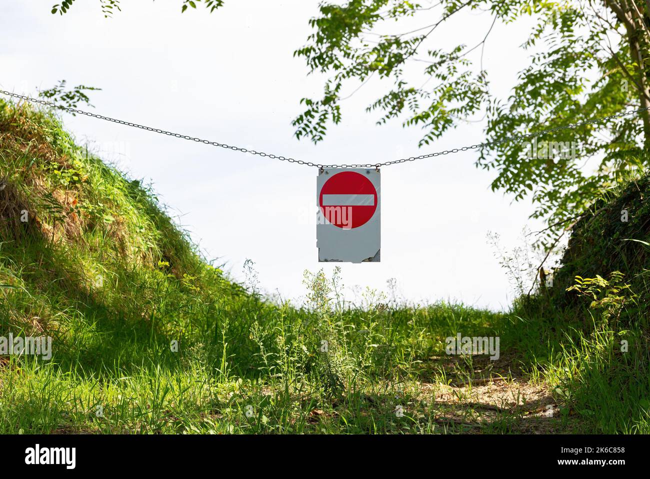 Prohibited direction sign on a country road in Belvedere Fogliense near Pesaro and Urbino in the Marche region of Italy Stock Photo