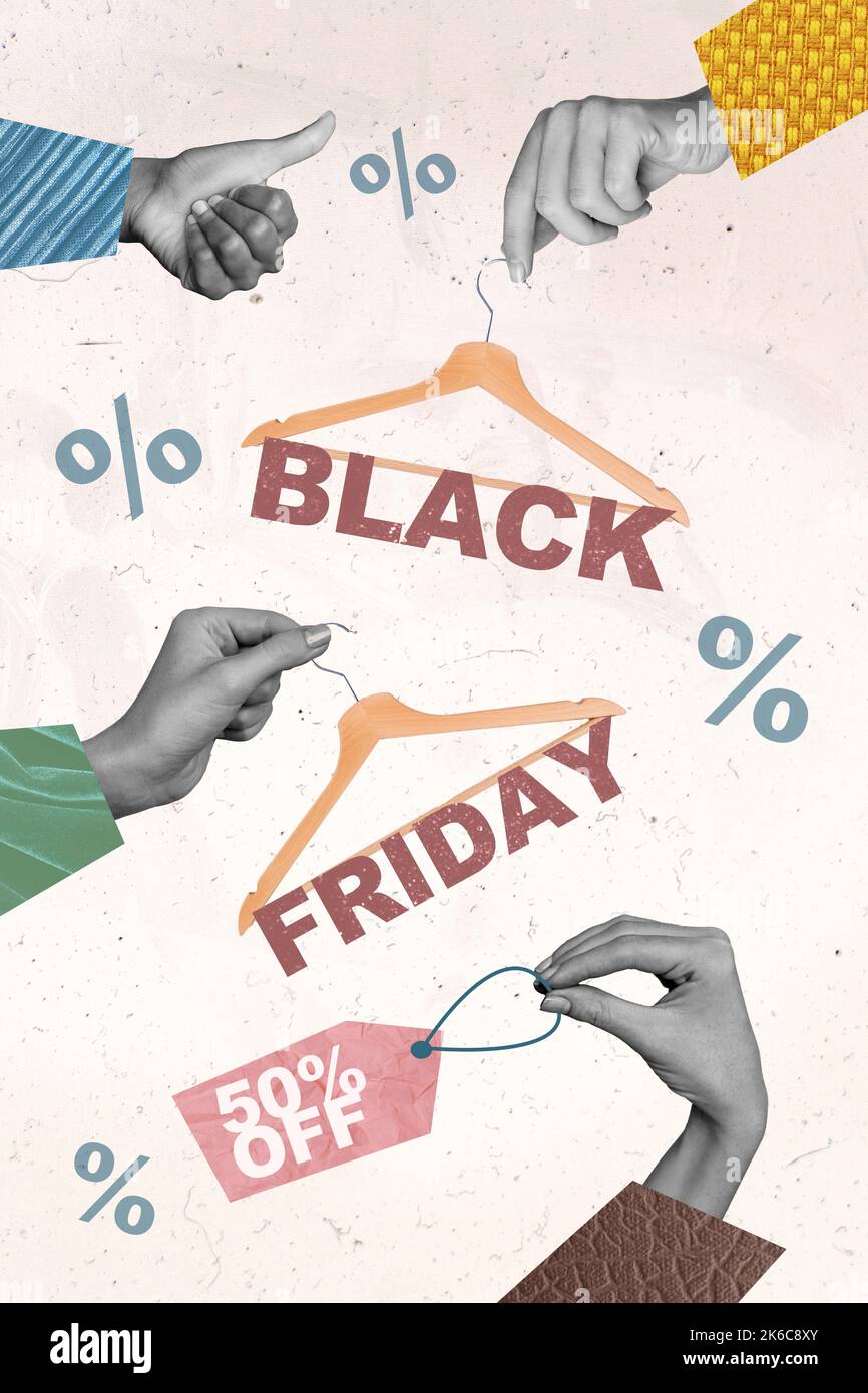 Creative picture voucher collage of different people hold hangers with black friday labels on drawing percents background Stock Photo
