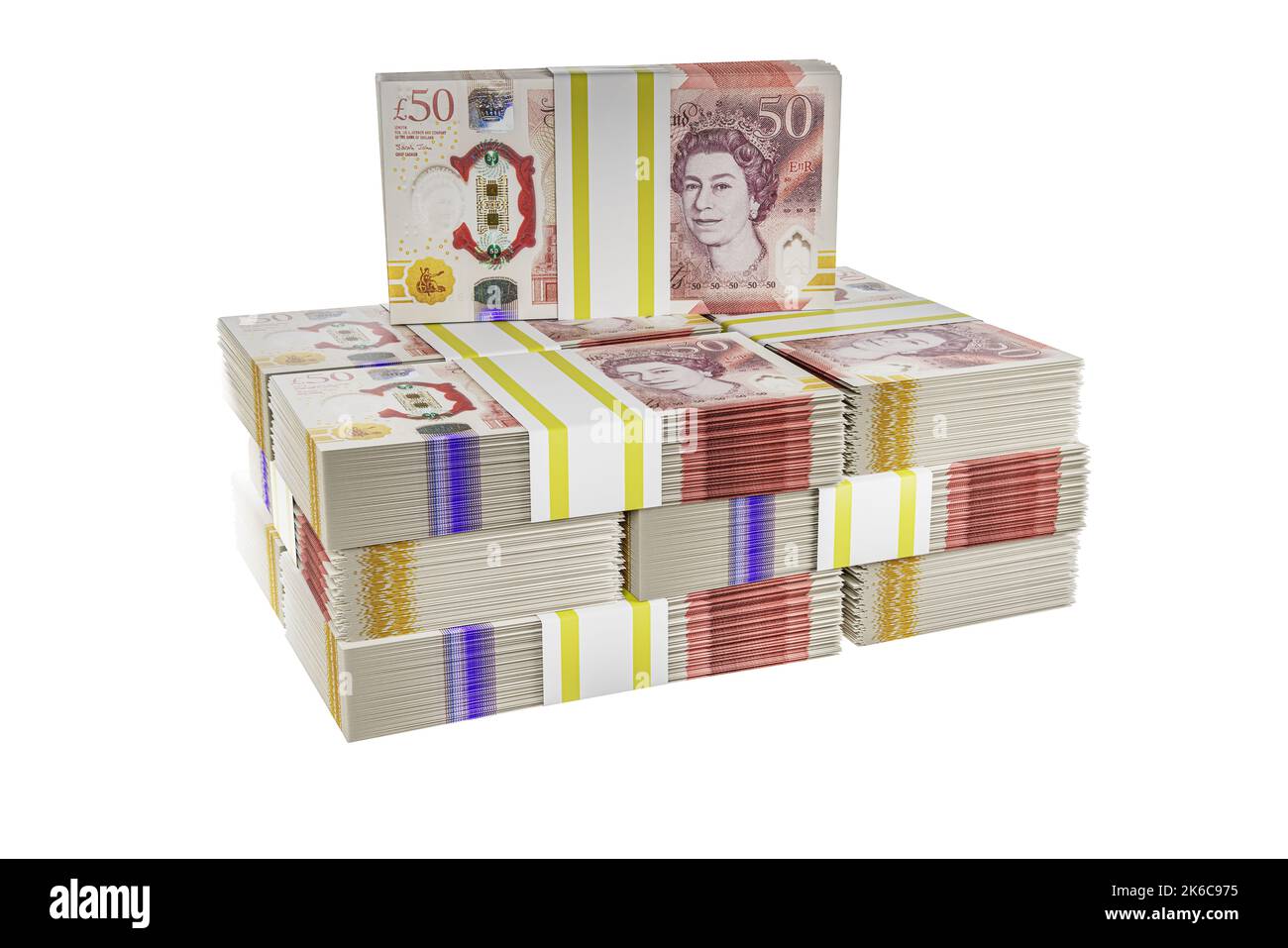 pile piles of UK money stack stacks of british polymer £50 notes bundle bundles of fifty pound banknotes Stock Photo