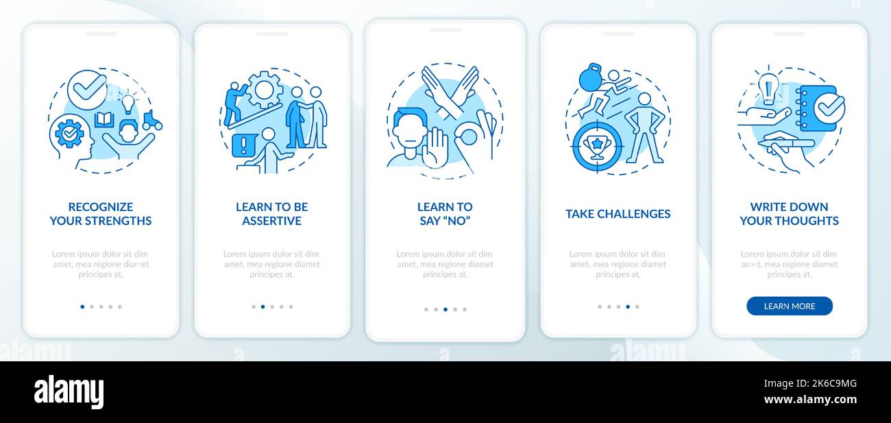 Improving self esteem ways blue onboarding mobile app screen Stock Vector