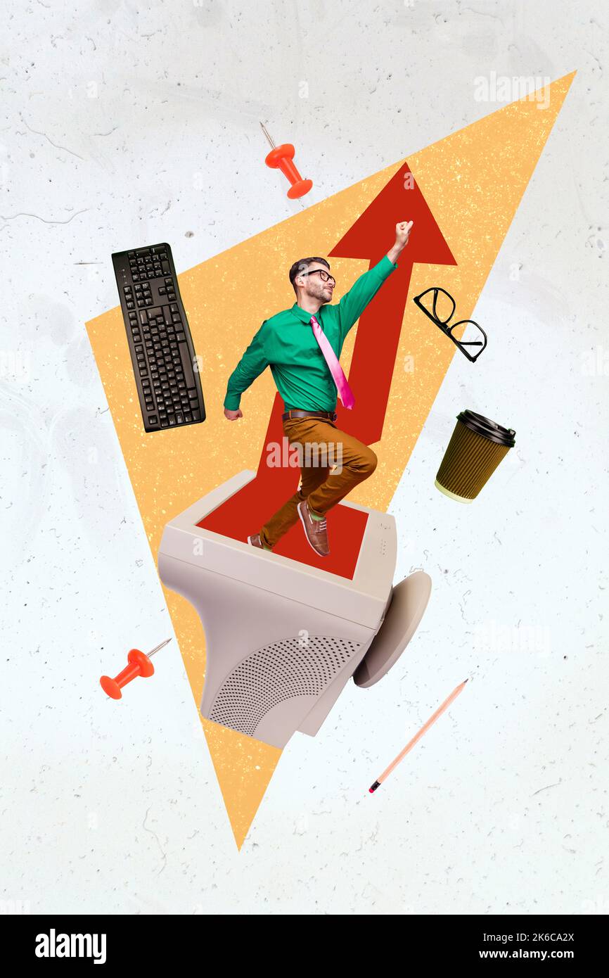 Magazine poster collage of mini manager guy flying up from retro