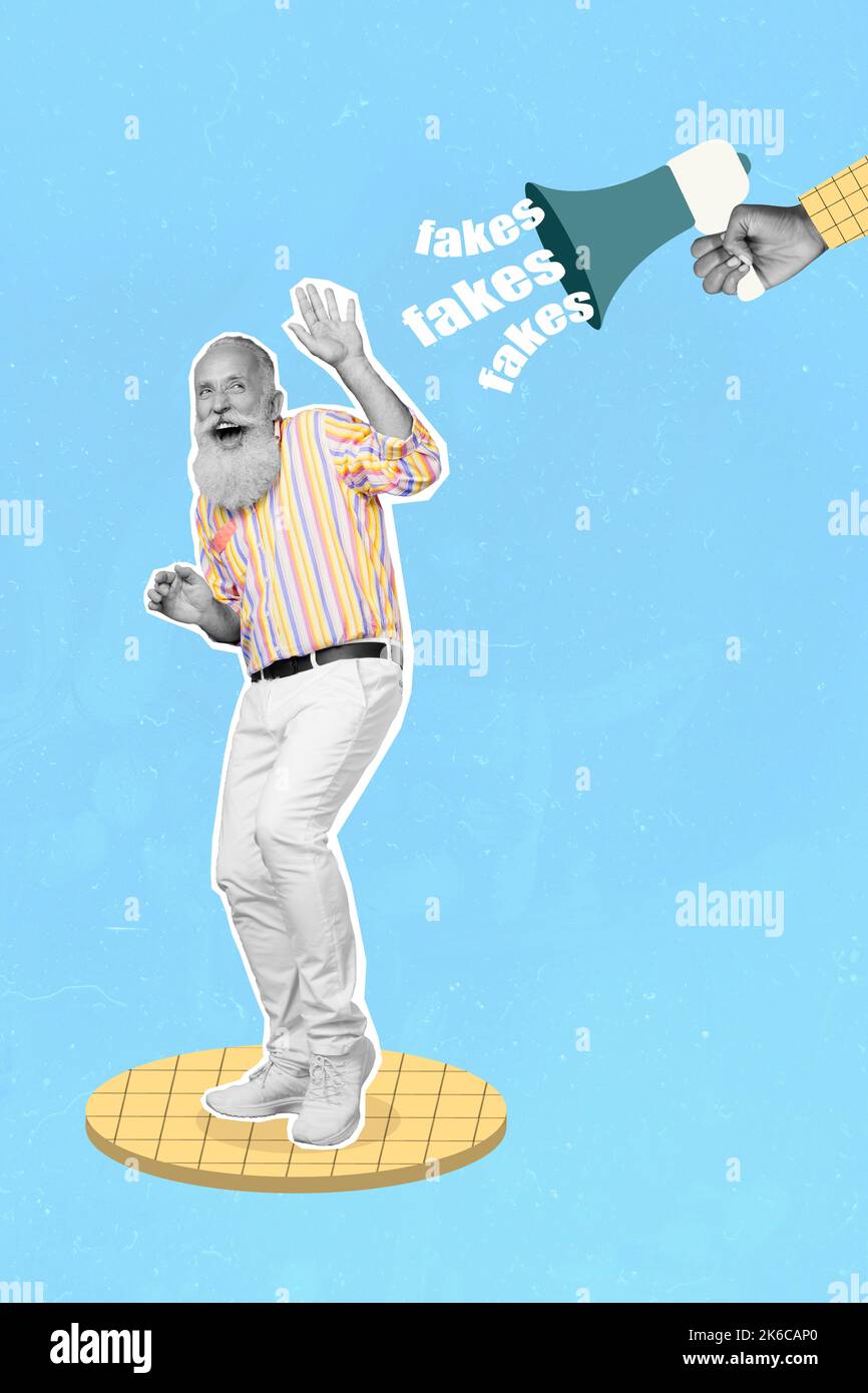 Creative photo 3d collage poster postcard artwork of funny pensioner dont want hear fake avoiding false news isolated on drawing background Stock Photo