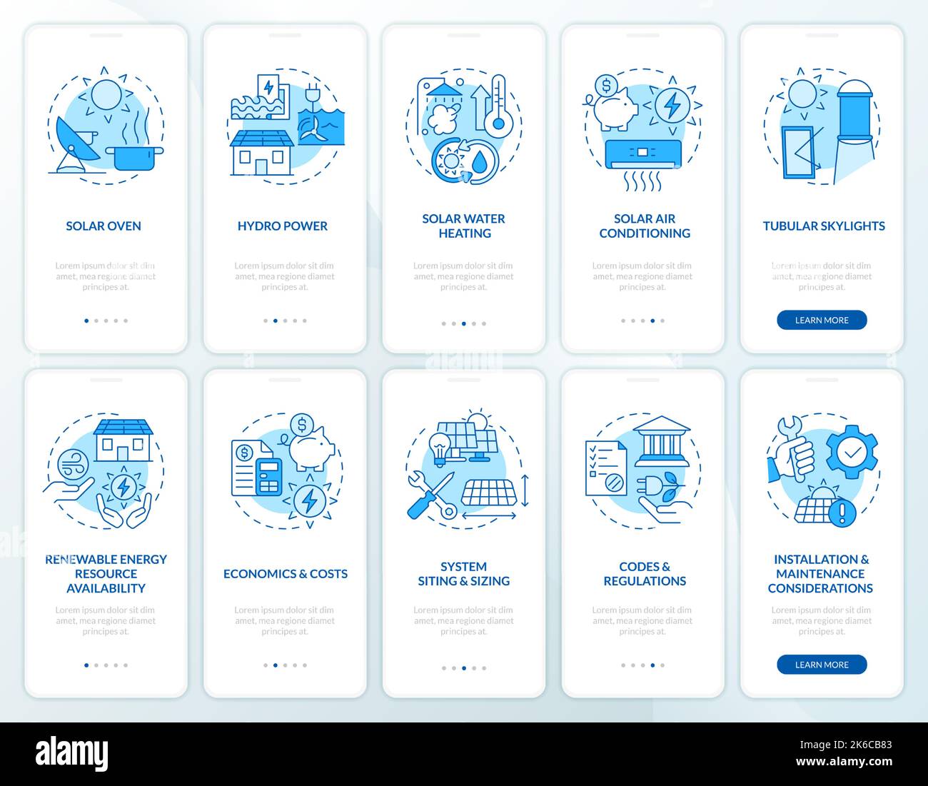 Setup alternative energy blue onboarding mobile app screen set Stock Vector