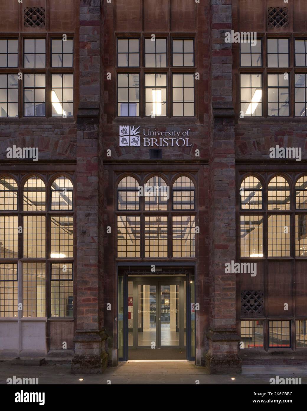 Entrance at dusk. University of Bristol Fry Building, Bristol, United