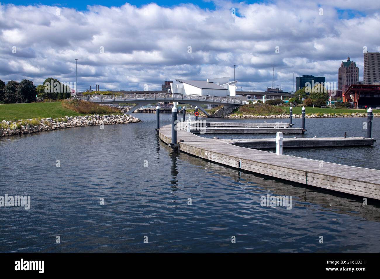 Empty Boat dock at Lakeshore State Park Milwaukee Wisconsin getting ready for winter. Stock Photo