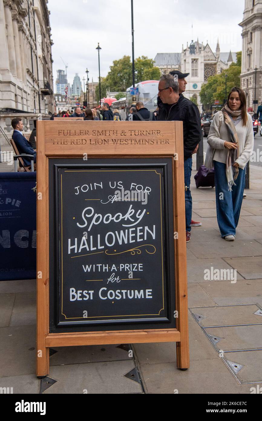 Westminster, London, UK. 12th October, 2022. An advert for a Spooky